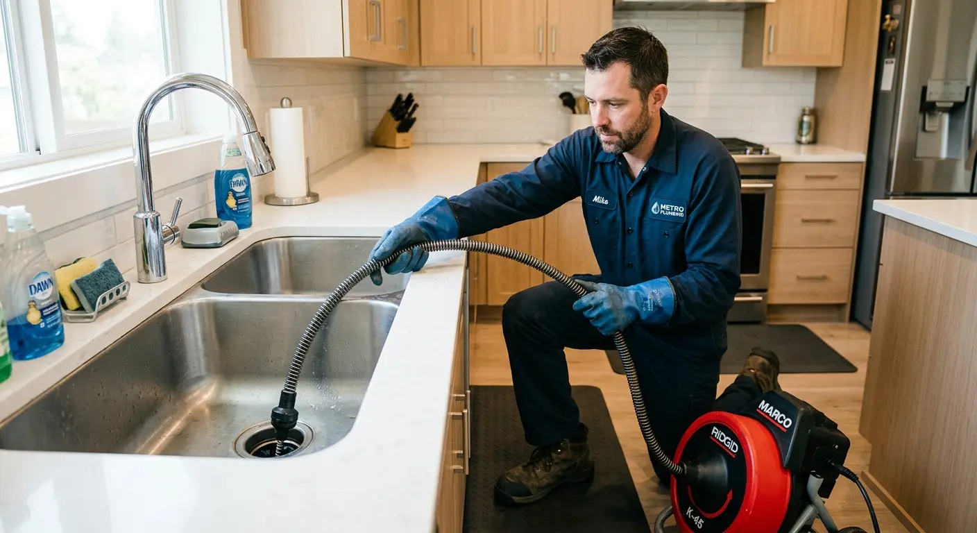 Drain cleaning technician using a motorized snake on a kitchen sink in Palisades Park