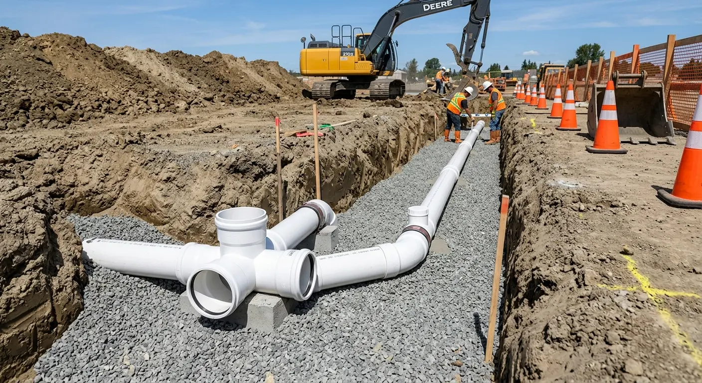 New PVC sewer pipe installation in open trench for Commercial Drain Cleaning in Palisades Park