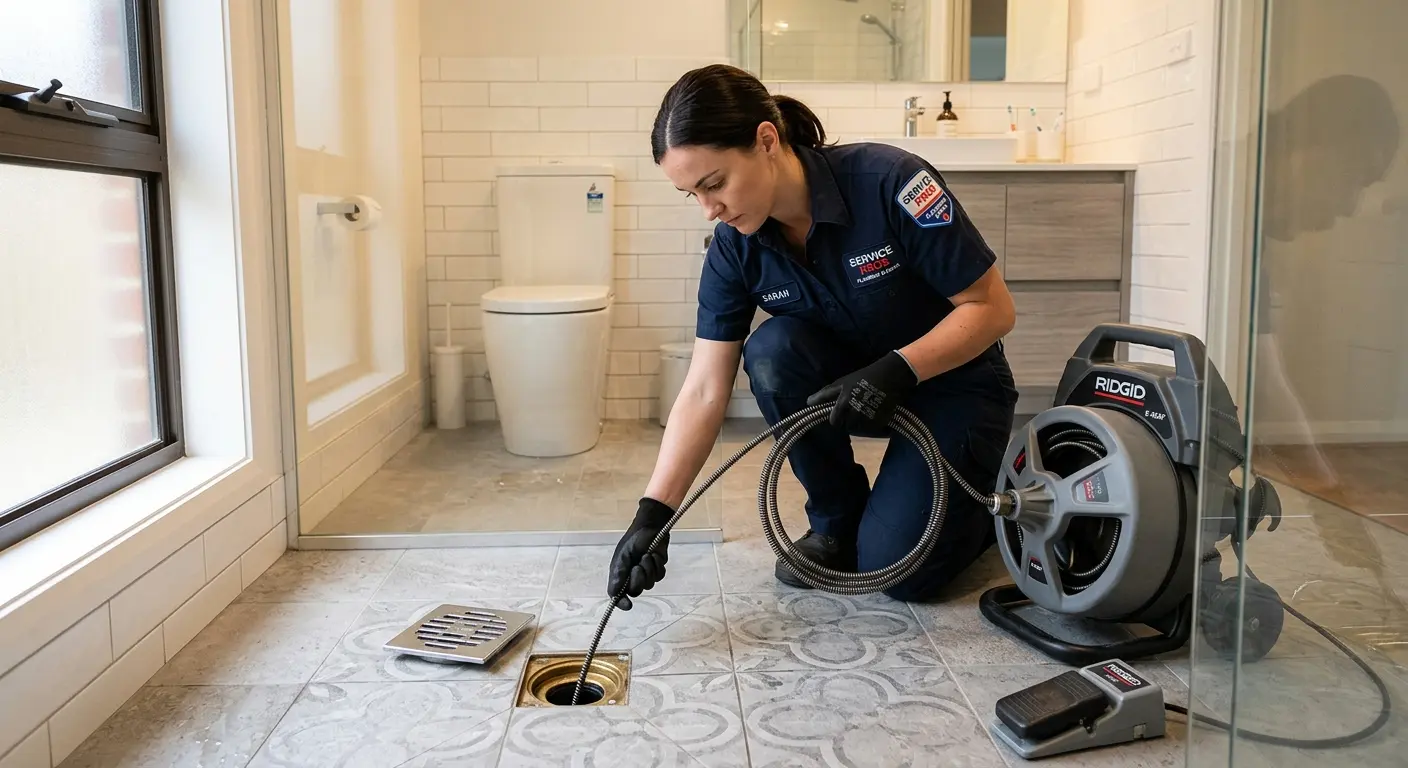 Technician clearing a bathroom floor drain for Drain Cleaning in Palisades Park